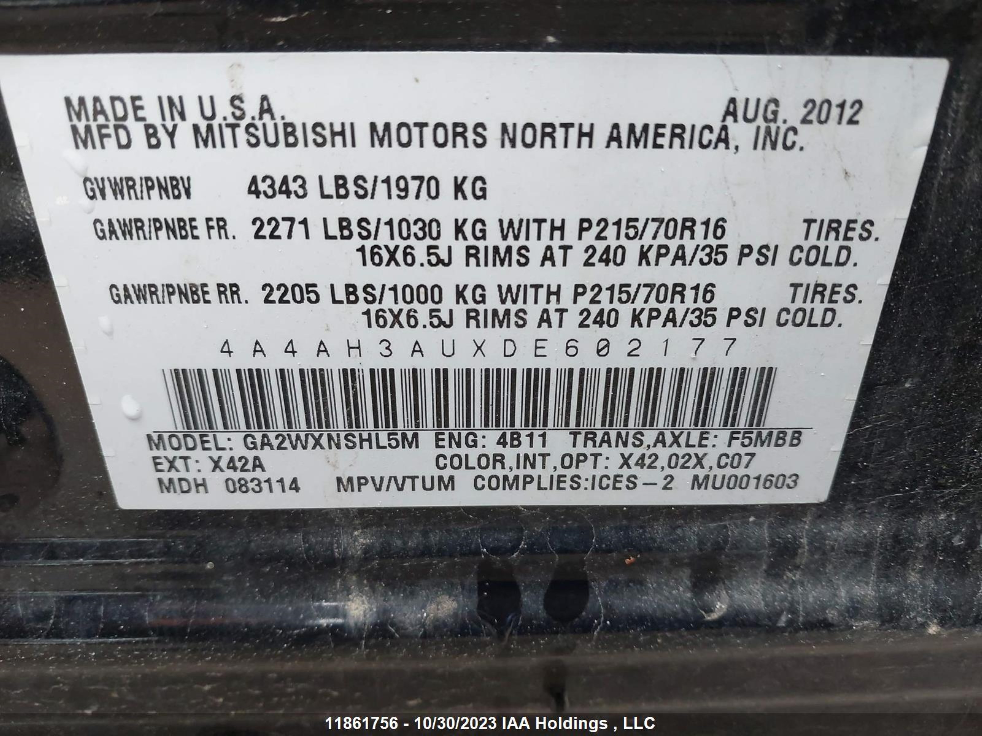 Photo 8 VIN: 4A4AH3AUXDE602177 - MITSUBISHI RVR 