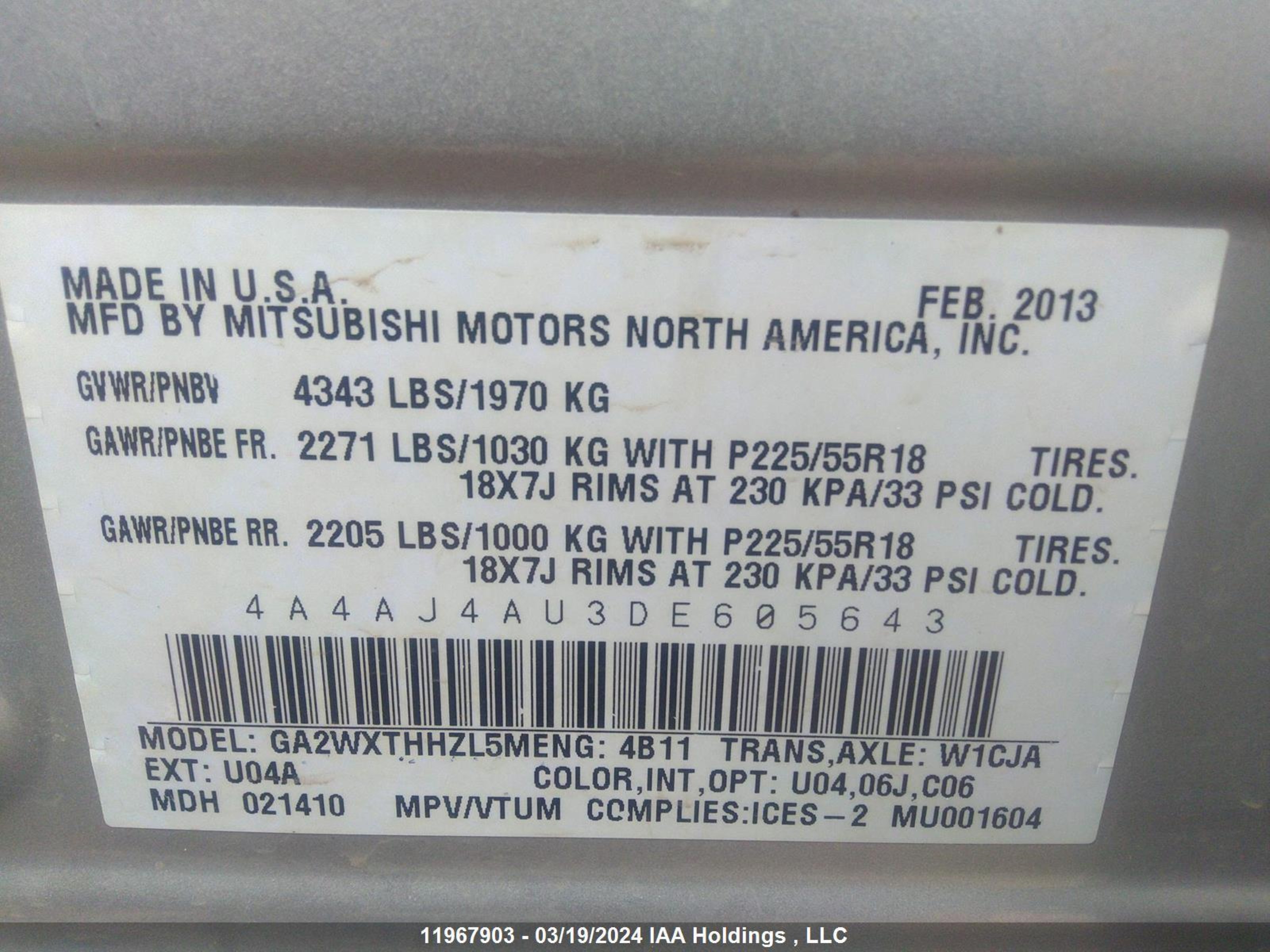 Photo 8 VIN: 4A4AJ4AU3DE605643 - MITSUBISHI RVR 