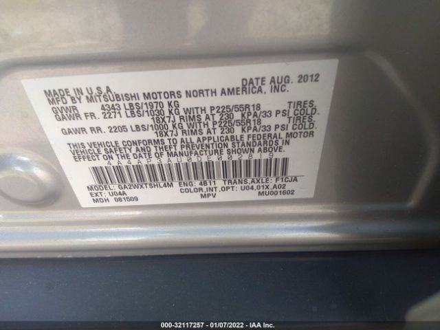 Photo 8 VIN: 4A4AP3AU0DE002819 - MITSUBISHI OUTLANDER SPORT 