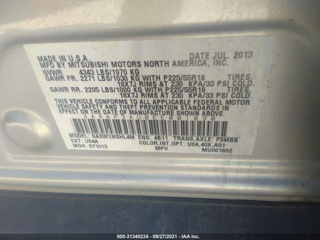 Photo 8 VIN: 4A4AP3AU0EE001090 - MITSUBISHI OUTLANDER SPORT 