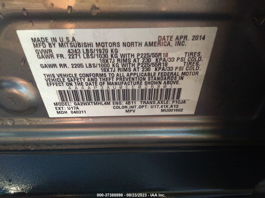 Photo 8 VIN: 4A4AP3AU0EE026801 - MITSUBISHI OUTLANDER 