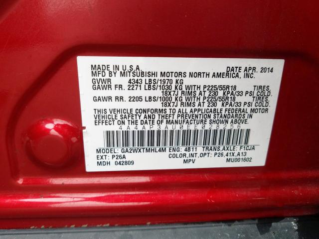 Photo 9 VIN: 4A4AP3AU0EE028256 - MITSUBISHI OUTLANDER 