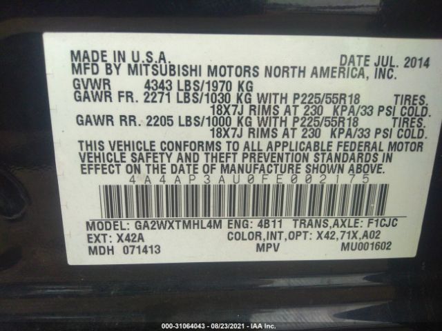 Photo 8 VIN: 4A4AP3AU0FE002175 - MITSUBISHI OUTLANDER SPORT 