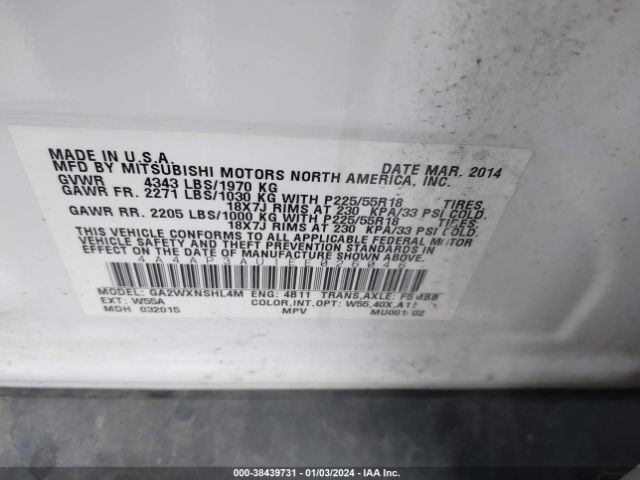 Photo 8 VIN: 4A4AP3AU1EE026046 - MITSUBISHI OUTLANDER SPORT 