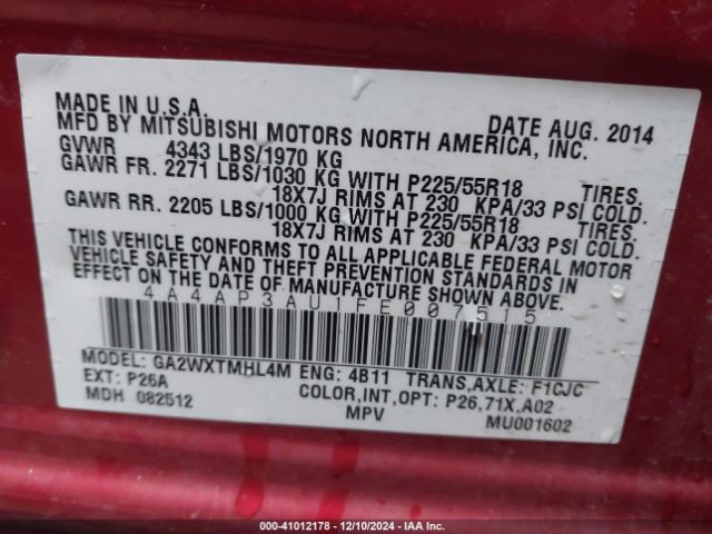 Photo 8 VIN: 4A4AP3AU1FE007515 - MITSUBISHI OUTLANDER SPORT 