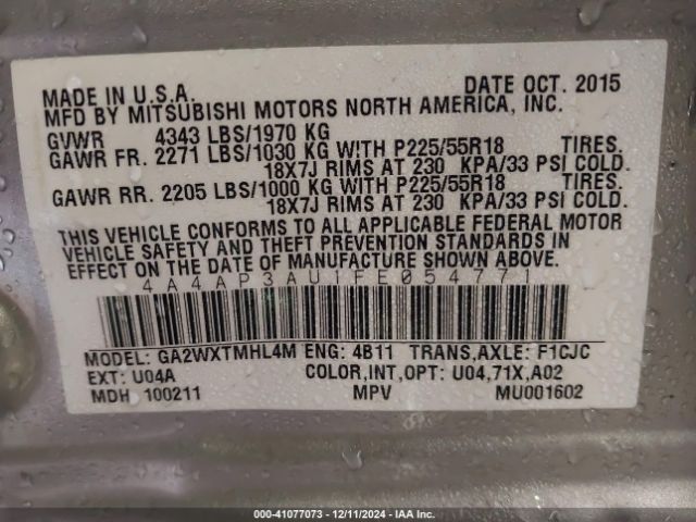 Photo 8 VIN: 4A4AP3AU1FE054771 - MITSUBISHI OUTLANDER SPORT 