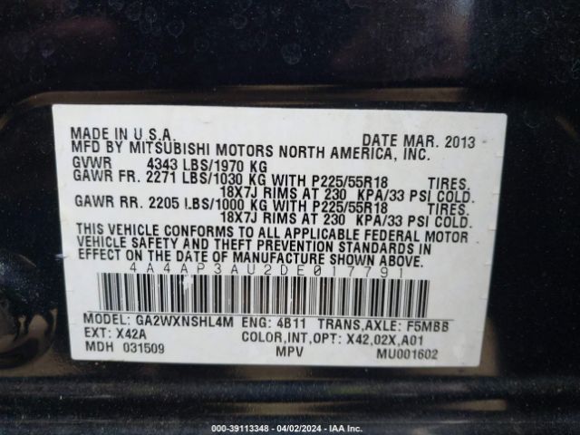 Photo 8 VIN: 4A4AP3AU2DE017791 - MITSUBISHI OUTLANDER SPORT 