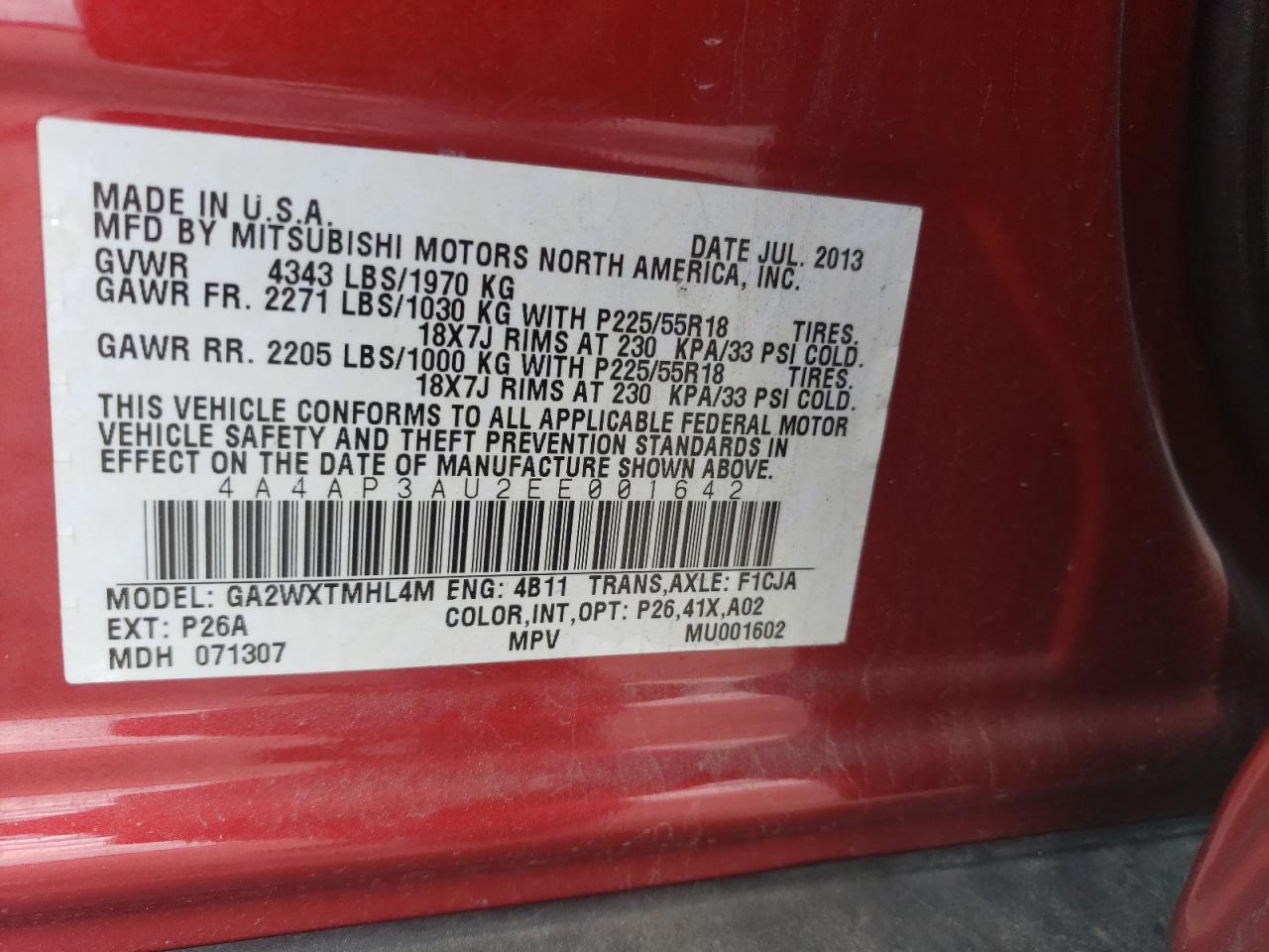 Photo 12 VIN: 4A4AP3AU2EE001642 - MITSUBISHI OUTLANDER 