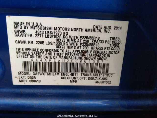 Photo 8 VIN: 4A4AP3AU2FE004557 - MITSUBISHI OUTLANDER SPORT 