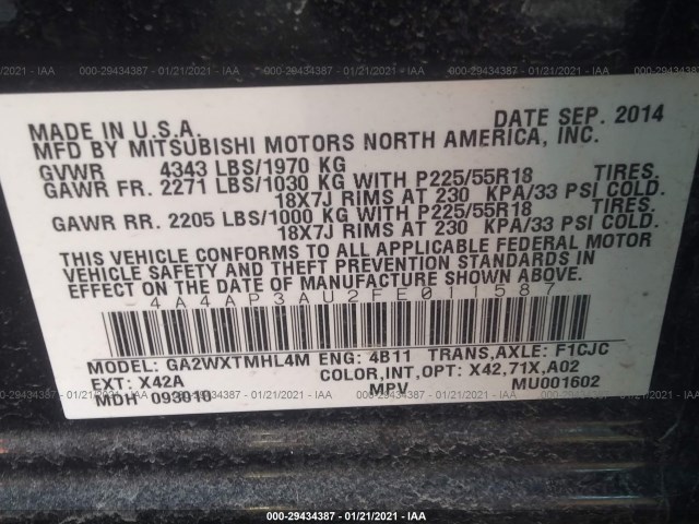 Photo 8 VIN: 4A4AP3AU2FE011587 - MITSUBISHI OUTLANDER SPORT 