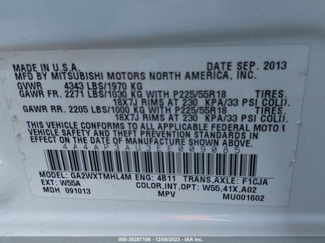 Photo 8 VIN: 4A4AP3AU3EE009085 - MITSUBISHI OUTLANDER SPORT 