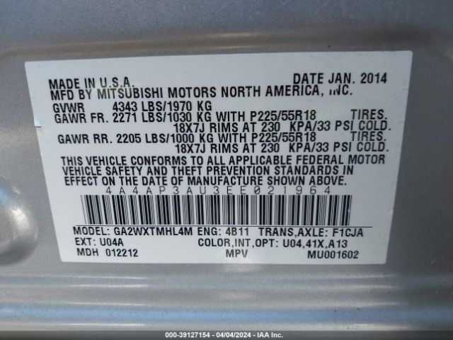 Photo 8 VIN: 4A4AP3AU3EE021964 - MITSUBISHI OUTLANDER SPORT 