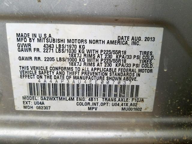 Photo 9 VIN: 4A4AP3AU4EE007037 - MITSUBISHI OUTLANDER 