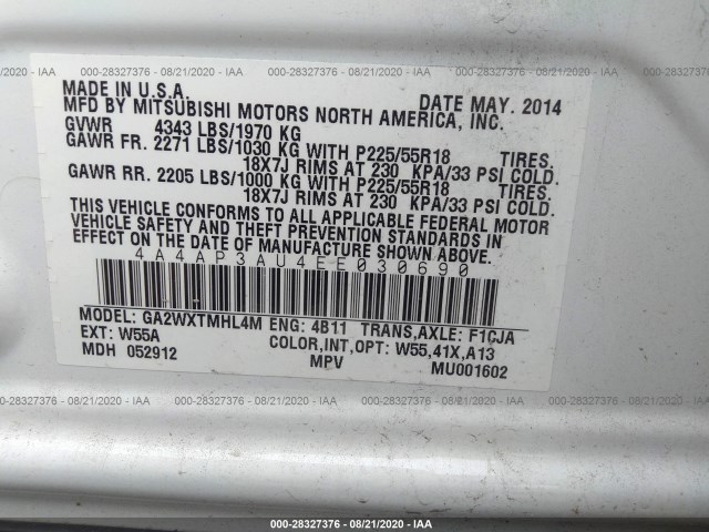 Photo 8 VIN: 4A4AP3AU4EE030690 - MITSUBISHI OUTLANDER-SPORT 