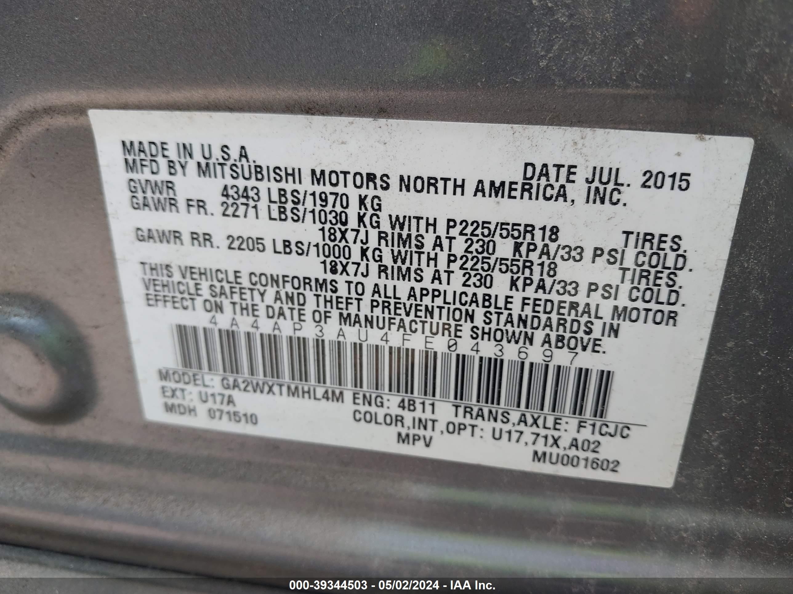 Photo 4 VIN: 4A4AP3AU4FE043697 - MITSUBISHI OUTLANDER 