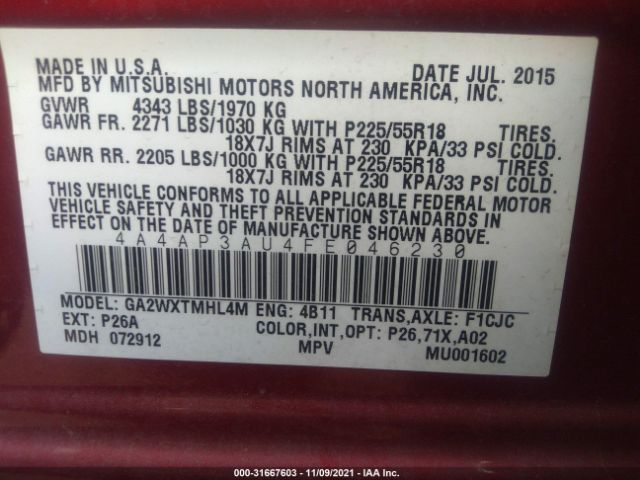 Photo 8 VIN: 4A4AP3AU4FE046230 - MITSUBISHI OUTLANDER SPORT 