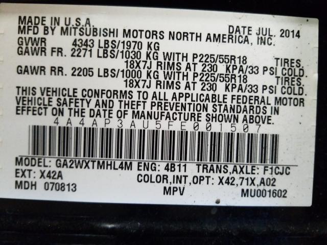 Photo 9 VIN: 4A4AP3AU5FE001507 - MITSUBISHI OUTLANDER 