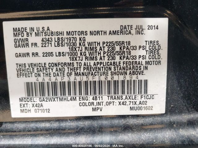 Photo 8 VIN: 4A4AP3AU5FE001894 - MITSUBISHI OUTLANDER SPORT 