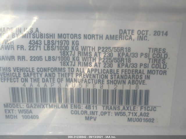 Photo 8 VIN: 4A4AP3AU5FE012118 - MITSUBISHI OUTLANDER SPORT 