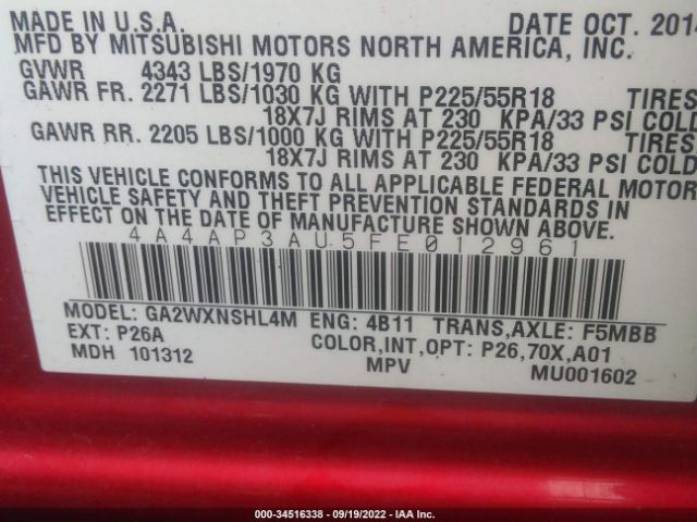 Photo 8 VIN: 4A4AP3AU5FE012961 - MITSUBISHI OUTLANDER SPORT 