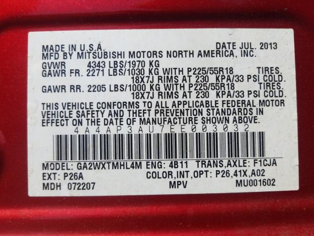 Photo 9 VIN: 4A4AP3AU7EE003032 - MITSUBISHI OUTLANDER 