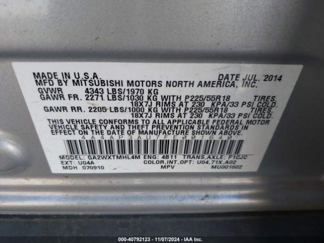 Photo 8 VIN: 4A4AP3AU7FE001640 - MITSUBISHI OUTLANDER SPORT 