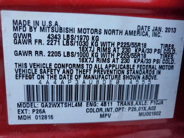 Photo 12 VIN: 4A4AP3AU8DE014555 - MITSUBISHI OUTLANDER 