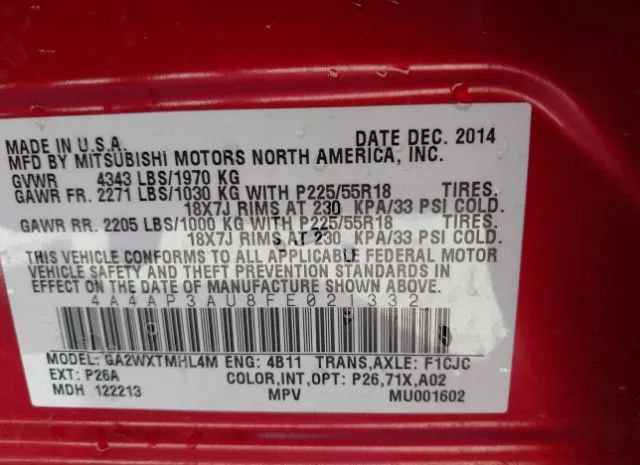 Photo 8 VIN: 4A4AP3AU8FE021332 - MITSUBISHI OUTLANDER SPORT 