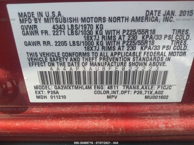 Photo 8 VIN: 4A4AP3AU8FE022223 - MITSUBISHI OUTLANDER SPORT 