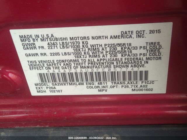 Photo 8 VIN: 4A4AP3AU8FE057747 - MITSUBISHI OUTLANDER SPORT 