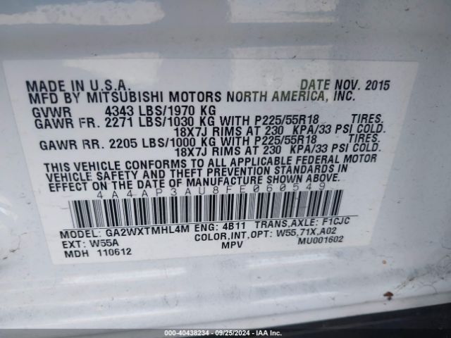 Photo 8 VIN: 4A4AP3AU8FE060549 - MITSUBISHI OUTLANDER 