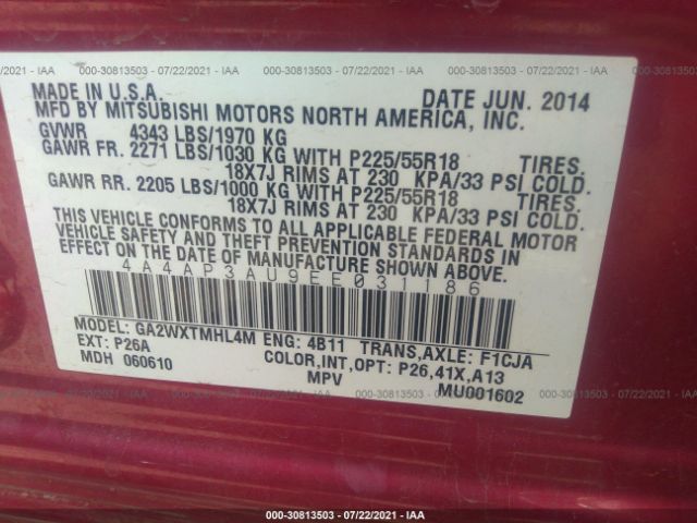 Photo 8 VIN: 4A4AP3AU9EE031186 - MITSUBISHI OUTLANDER SPORT 