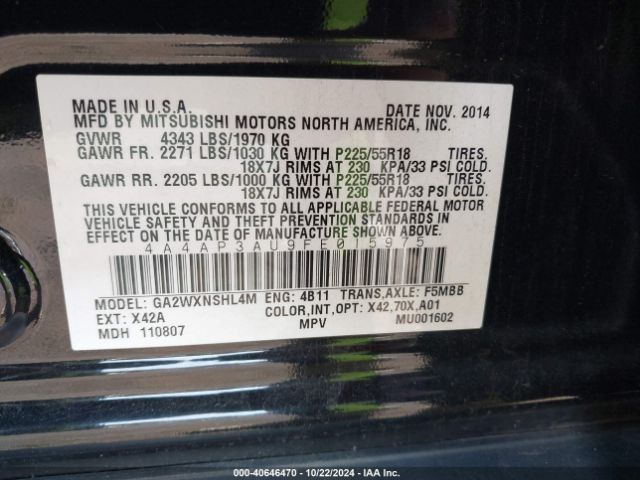 Photo 8 VIN: 4A4AP3AU9FE015975 - MITSUBISHI OUTLANDER SPORT 