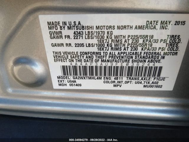 Photo 8 VIN: 4A4AP3AU9FE036244 - MITSUBISHI OUTLANDER SPORT 