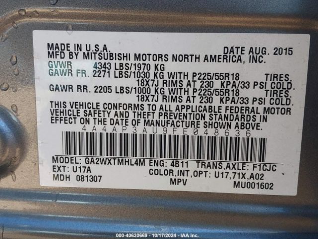 Photo 8 VIN: 4A4AP3AU9FE048636 - MITSUBISHI OUTLANDER SPORT 