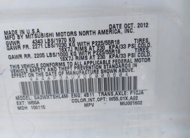 Photo 8 VIN: 4A4AP3AUXDE006604 - MITSUBISHI OUTLANDER SPORT 