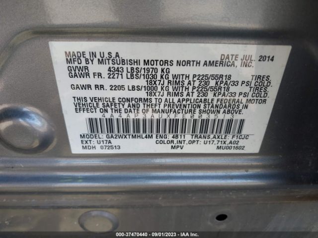 Photo 8 VIN: 4A4AP3AUXFE003513 - MITSUBISHI OUTLANDER SPORT 