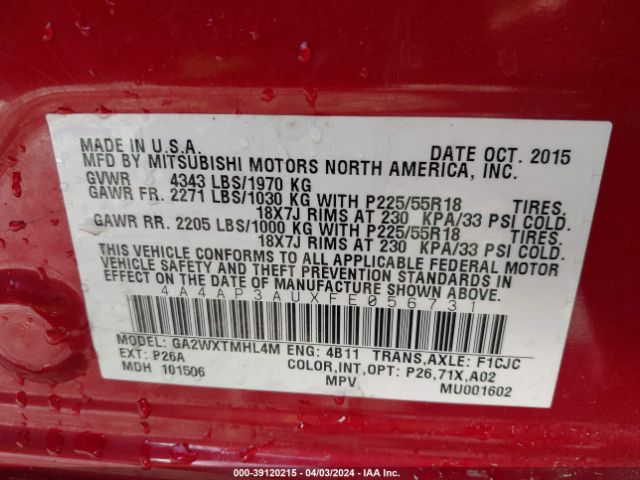 Photo 8 VIN: 4A4AP3AUXFE056731 - MITSUBISHI OUTLANDER SPORT 