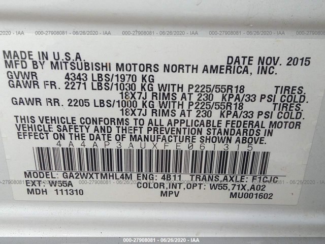 Photo 8 VIN: 4A4AP3AUXFE061315 - MITSUBISHI OUTLANDER SPORT 