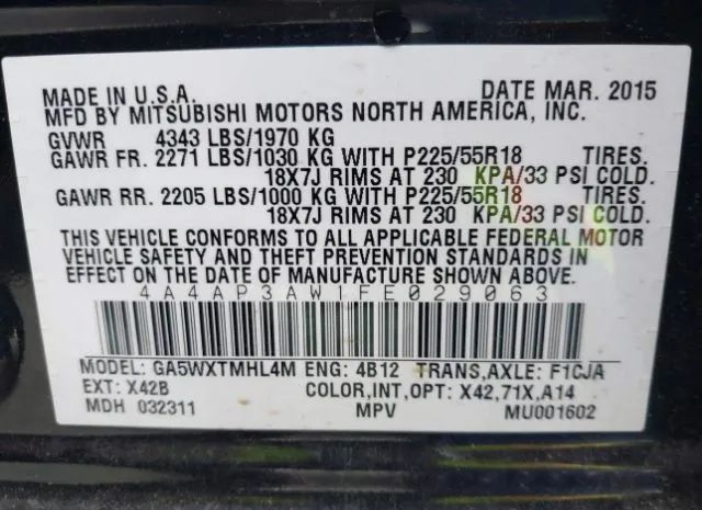 Photo 8 VIN: 4A4AP3AW1FE029063 - MITSUBISHI OUTLANDER 