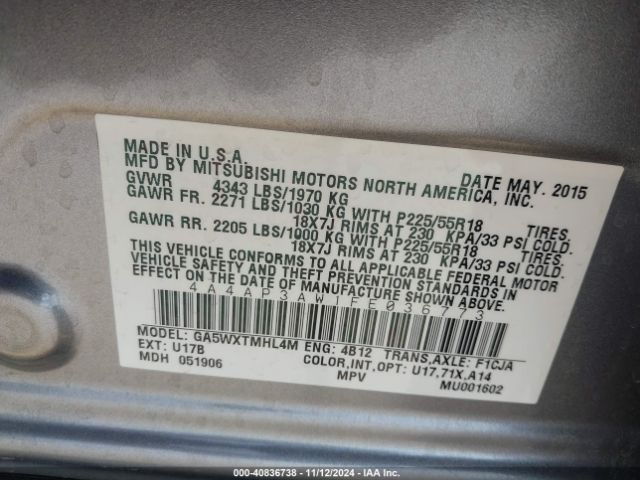 Photo 8 VIN: 4A4AP3AW1FE036773 - MITSUBISHI OUTLANDER SPORT 