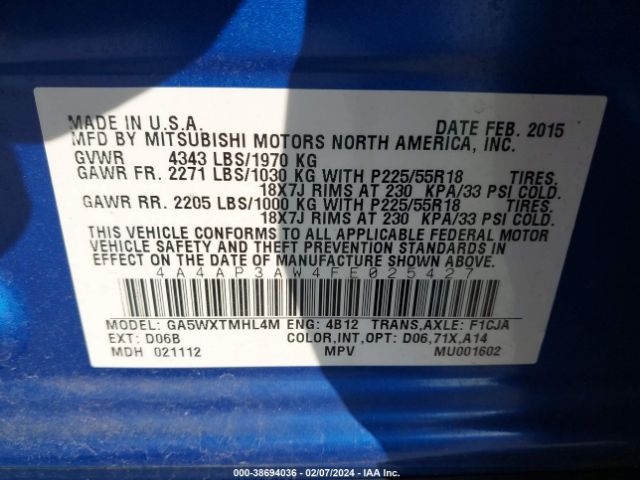 Photo 8 VIN: 4A4AP3AW4FE025427 - MITSUBISHI OUTLANDER SPORT 