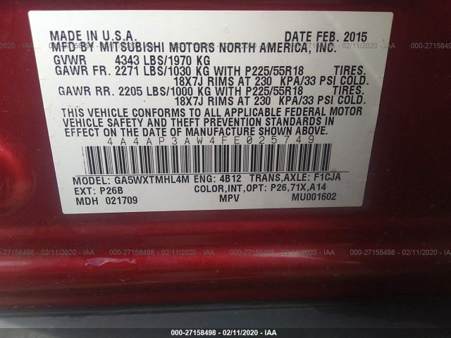 Photo 8 VIN: 4A4AP3AW4FE025749 - MITSUBISHI OUTLANDER SPORT 