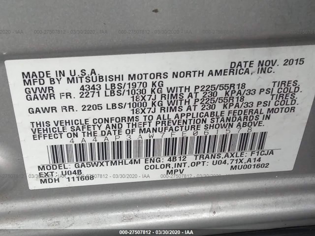 Photo 8 VIN: 4A4AP3AW7FE061578 - MITSUBISHI OUTLANDER SPORT 