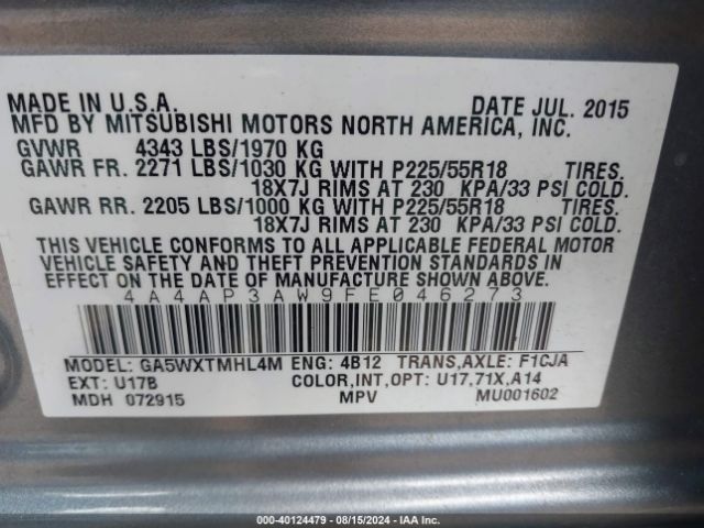 Photo 8 VIN: 4A4AP3AW9FE046273 - MITSUBISHI OUTLANDER SPORT 