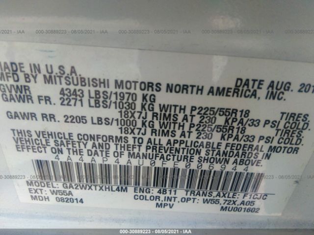 Photo 8 VIN: 4A4AP4AU0FE006944 - MITSUBISHI OUTLANDER SPORT 