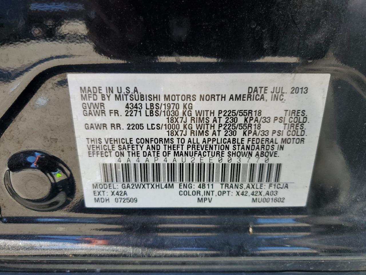 Photo 12 VIN: 4A4AP4AU2EE003770 - MITSUBISHI OUTLANDER 