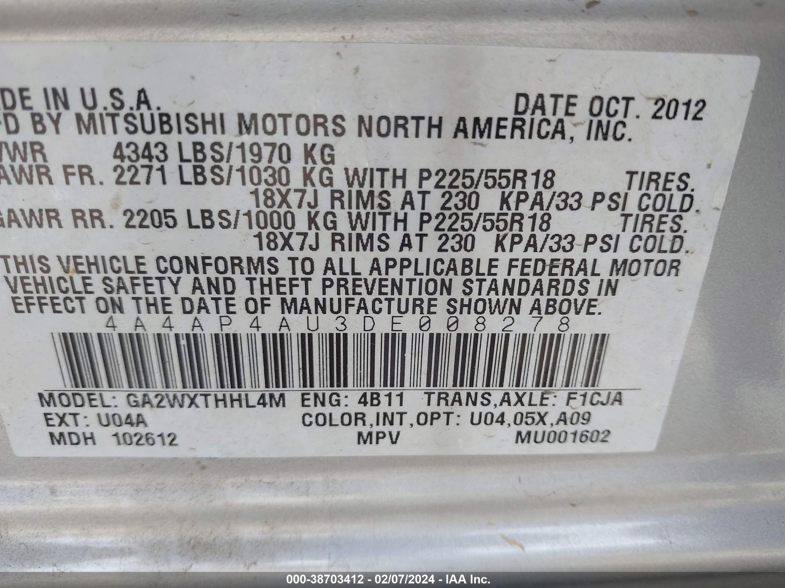 Photo 8 VIN: 4A4AP4AU3DE008278 - MITSUBISHI OUTLANDER 