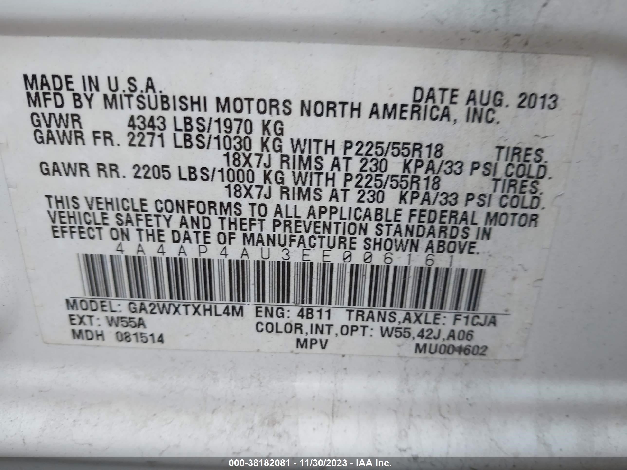 Photo 8 VIN: 4A4AP4AU3EE006161 - MITSUBISHI OUTLANDER 