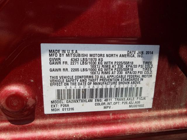 Photo 9 VIN: 4A4AP4AU3EE021260 - MITSUBISHI OUTLANDER SPORT 